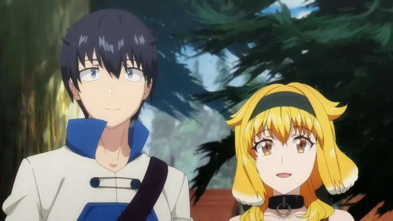 Michio Kaga and the wolf-girl Roxanne smile while walking together through a sunlit village.