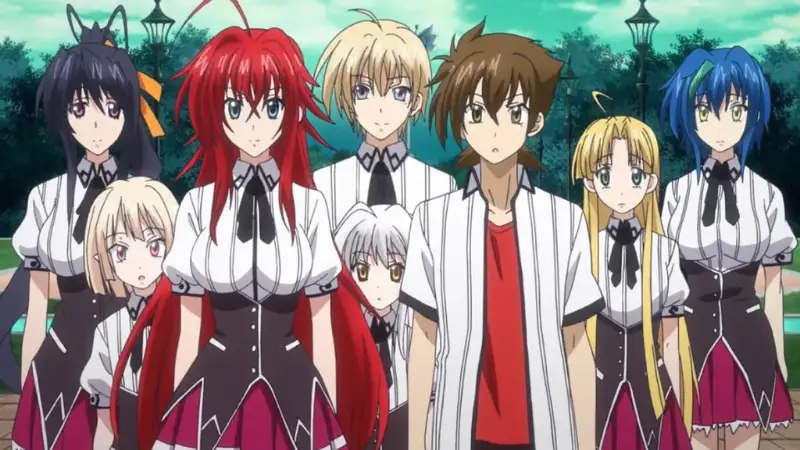 Issei Hyodo stands outdoors surrounded by Rias Gremory, Akeno Himejima, Asia Argento, and the rest of the Occult Research Club.