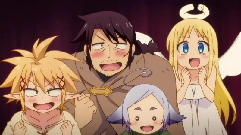 Stunk, Zel, Crimvael, and Kanchal look forward with excited, flushed expressions in a dimly lit room.