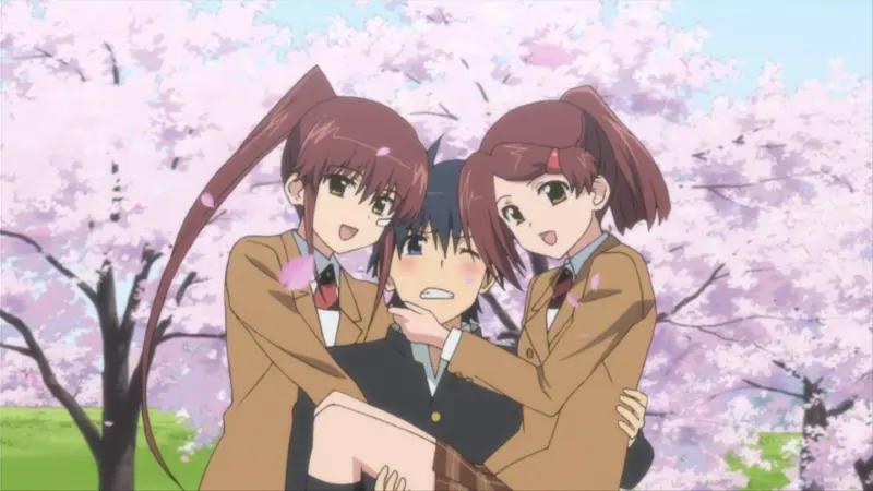 Ako and Riko Suminoe cheerfully embrace Keita from both sides under blooming pink cherry blossom trees.
