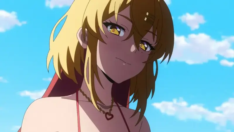 Hinami Watarai looks down with a gentle expression wearing a red bikini top against a clear blue sky.
