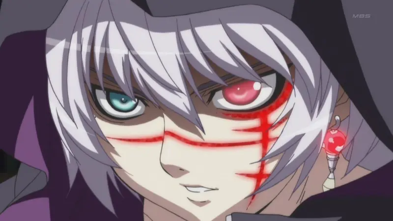 Sasha glares intensely from under a dark hood with a glowing red eye and a red cross-shaped scar across his face.