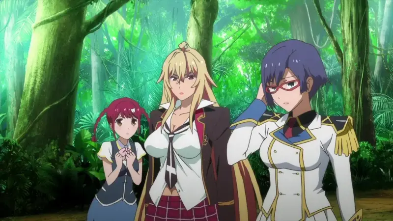 Mirei Shikishima, Mamori Tokonome, and Akira Hiiragi stand together in a vibrant green jungle environment.