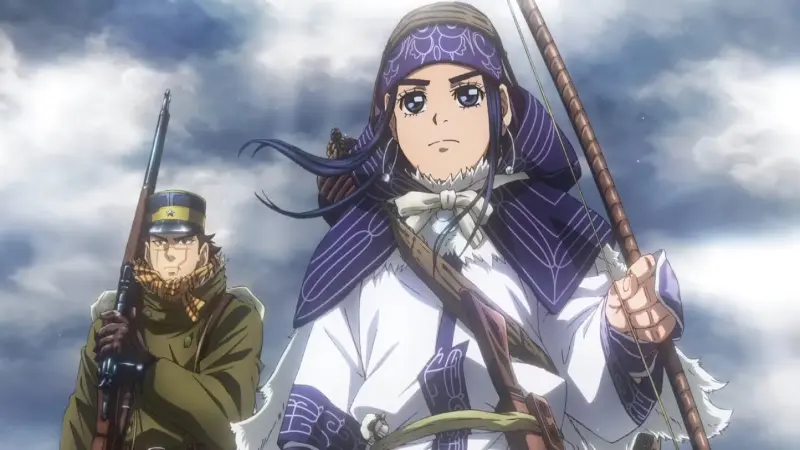 Asirpa and Saichi Sugimoto stand armed in a harsh snowy landscape in the historical adventure anime Golden Kamuy.