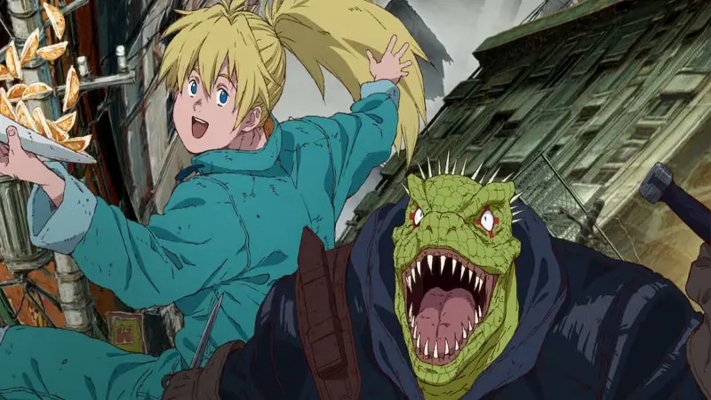 Caiman and Nikaido fiercely defend a plate of gyoza in the gritty, dystopian streets of the Hole in the dark fantasy anime Dorohedoro.