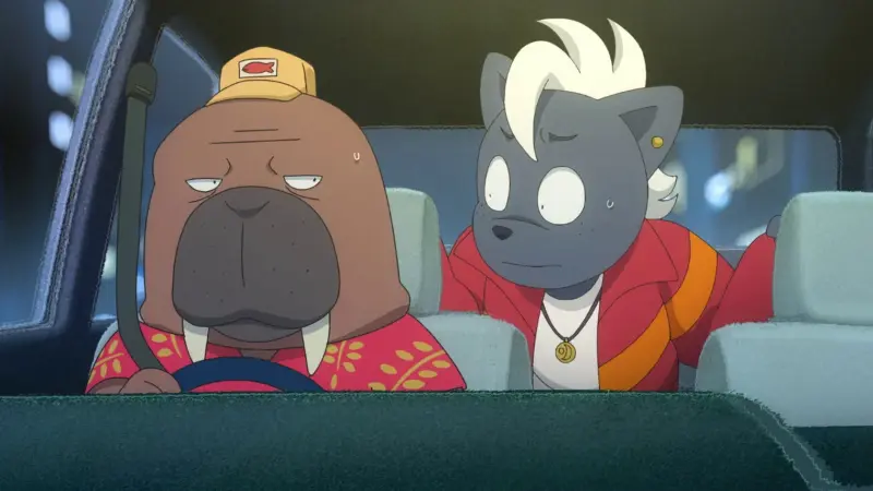 The walrus driver Odokawa is held up in his cab by the baboon Dobu in the brilliant psychological mystery anime Odd Taxi.