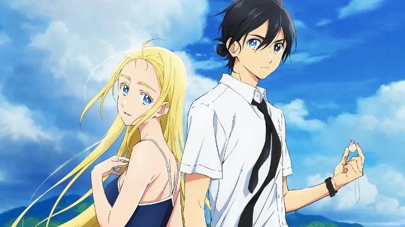 Shinpei Ajiro holds a seashell beside Ushio Kofune against a bright island sky in the underrated mystery thriller anime Summertime Render.