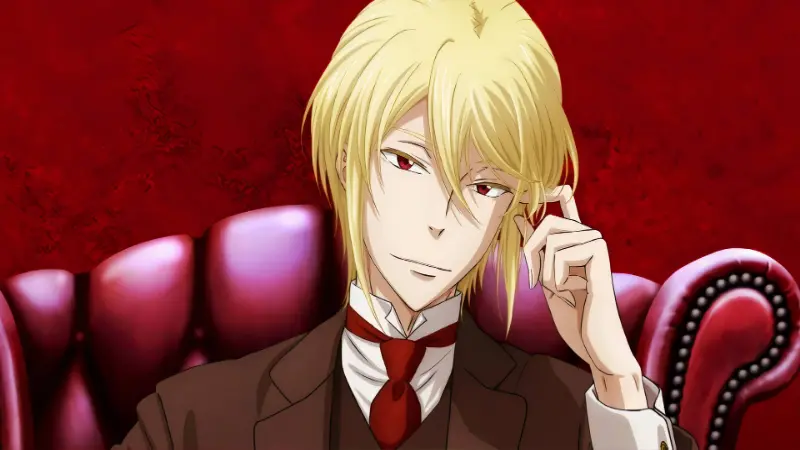 The brilliant crime consultant William James Moriarty sits elegantly on a red couch in the psychological thriller anime Moriarty the Patriot.