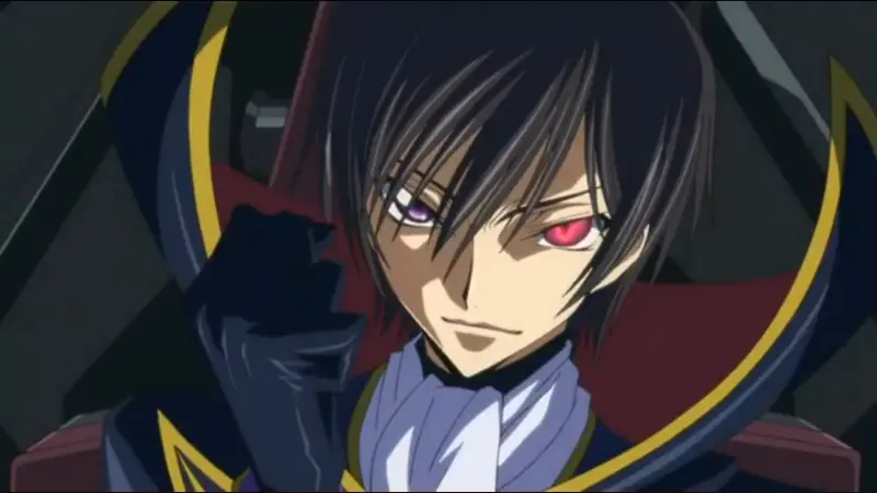 Lelouch vi Britannia smirks confidently in his dark uniform with the Geass symbol glowing brightly in his left eye in Code Geass.