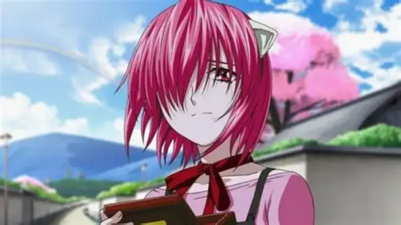 Lucy looks down somberly with her pink hair partially hiding her face while holding a small wooden music box in Elfen Lied.