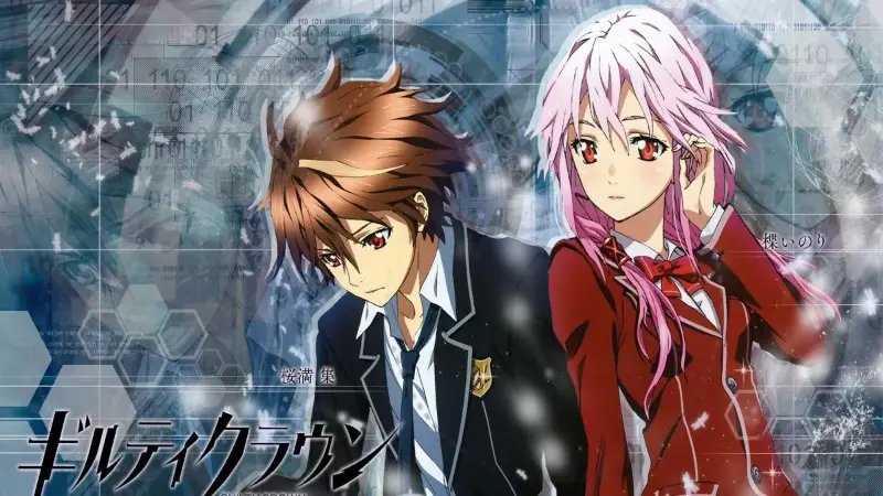 Shu Ouma and Inori Yuzuriha stand back-to-back against a digital data background in the sci-fi anime Guilty Crown.