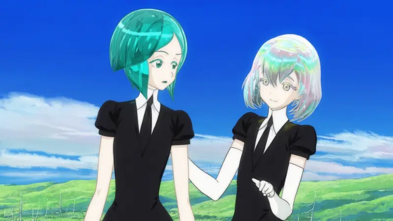 The crystalline gems Phosphophyllite and Diamond converse in a bright, open grassy field in the anime Land of the Lustrous.