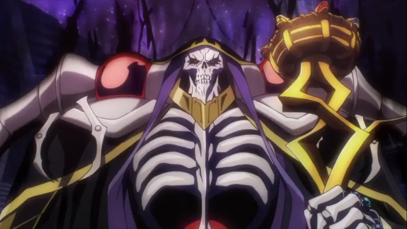 The skeletal undead lord Ainz Ooal Gown stands formidably in his dark robes holding a twisted golden staff in Overlord.