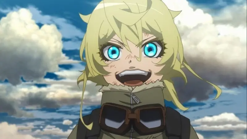 Tanya Degurechaff smiles maniacally with wide blue eyes while wearing her military flight gear against a cloudy sky.