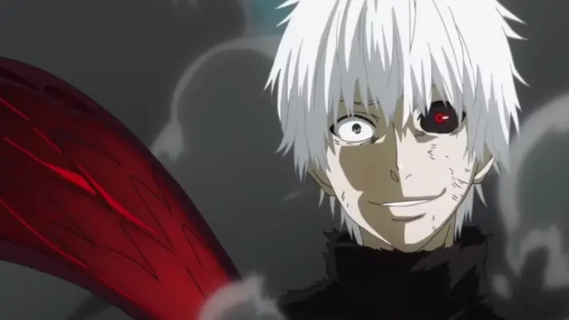A white-haired Ken Kaneki grins menacingly with one red ghoul eye activated and his red kagune shifting behind him in Tokyo Ghoul.