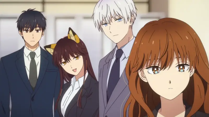 Fuyutsuki looks forward calmly while Himuro, Komori with fox ears, and Saejima stand behind her in their professional office wear.