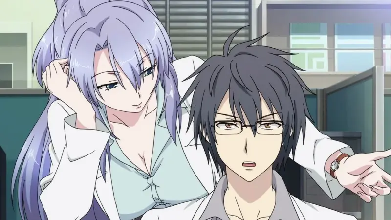 Ayame Himuro leans thoughtfully over Shinya Yukimura's shoulder while both wear white lab coats inside their university research laboratory.