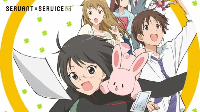 Lucy Yamagami panics and drops her paperwork while surrounded by her cheerful government office coworkers and a pink rabbit plushie.