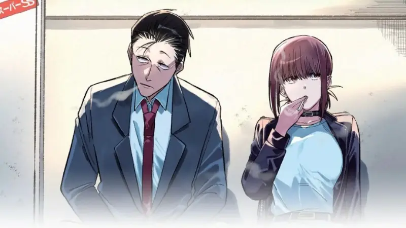 The tired salaryman Sasaki and the cashier Tayama stand side-by-side smoking cigarettes behind a supermarket wall.